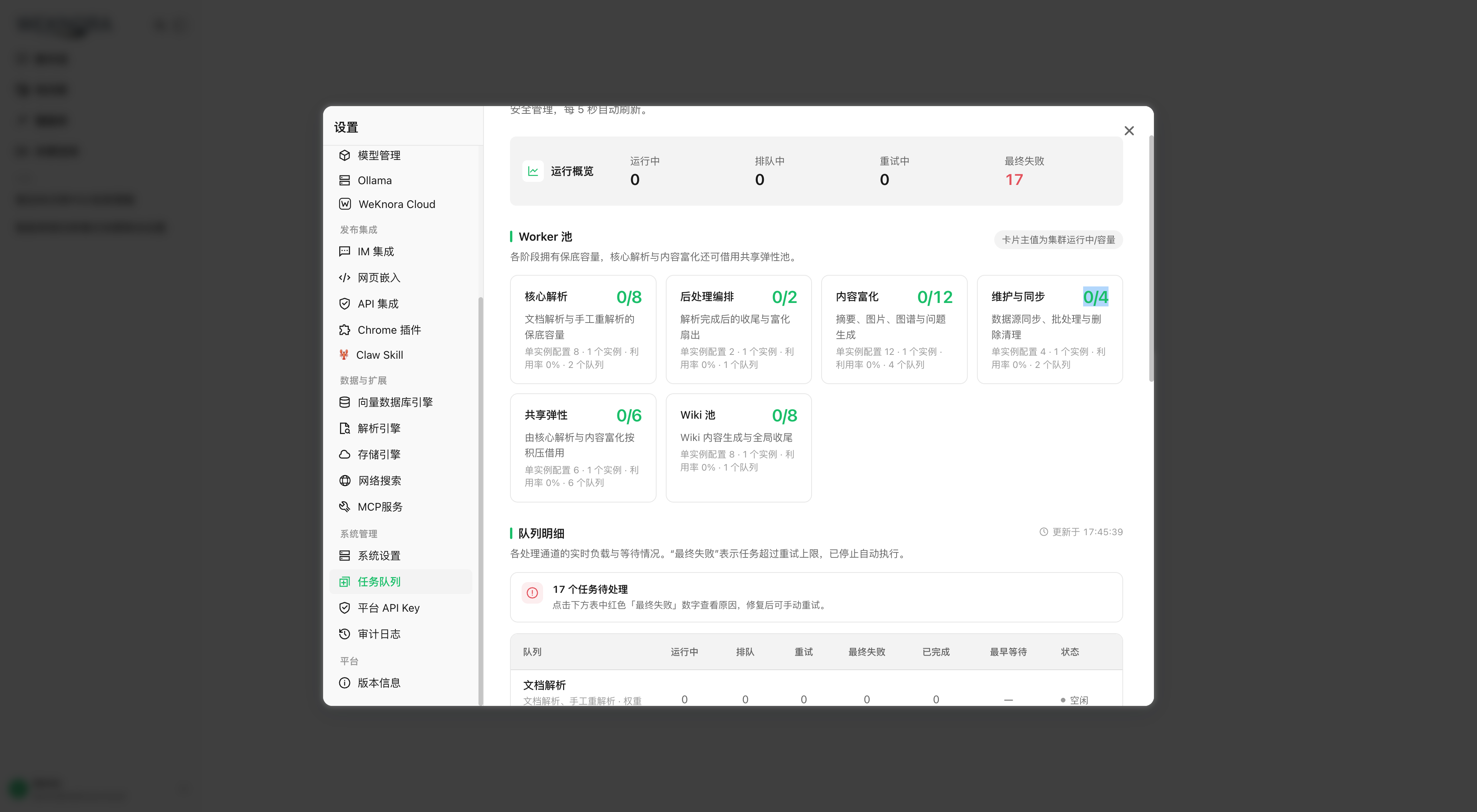 运行时任务队列：各队列的积压、失败与重试情况